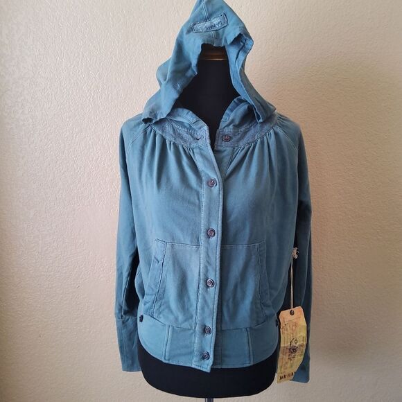 Da Nang Boho Button Down Hoodie Sweatshirt Size M Blue New - Picture 1 of 12